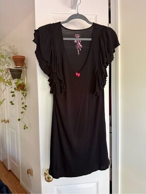 Vintage Betsey Johnson Intimates Black Flutter Ruffle Sleeve Mini Dress - Size S